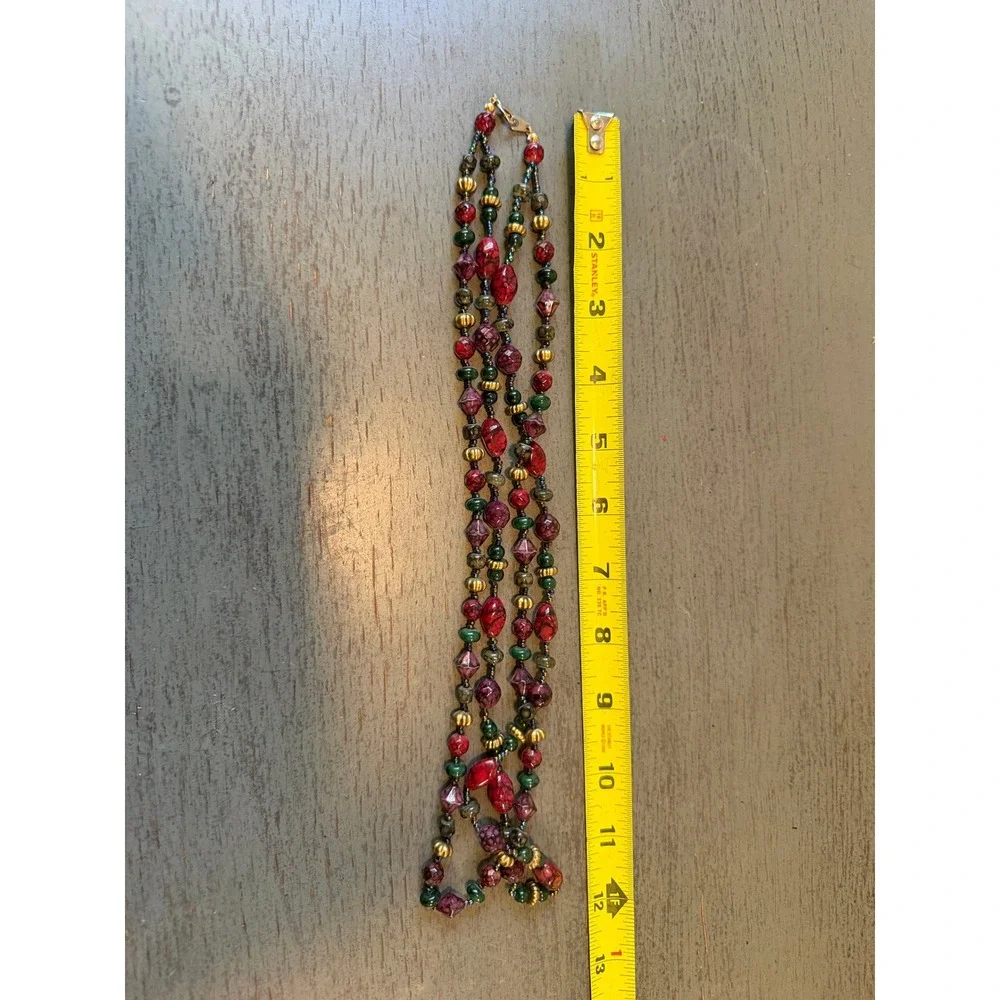 Vintage Multi Strand Beaded Necklace Red Green Gold Tone Jewel Tone 24 Inch